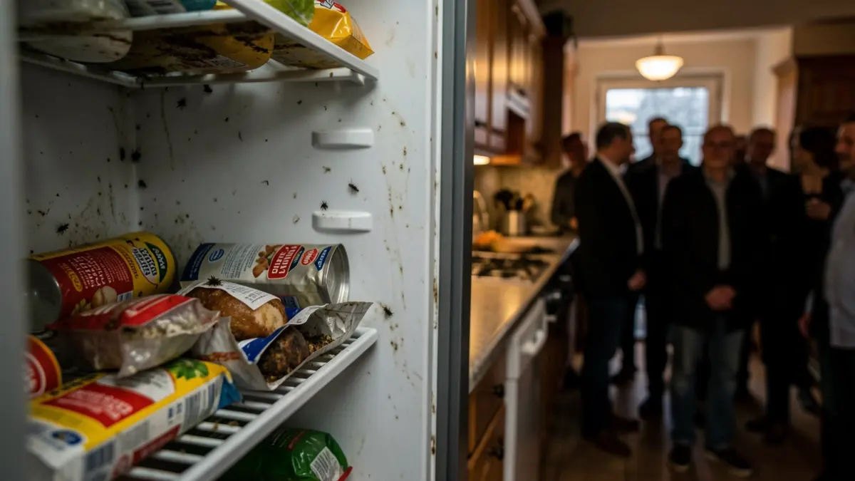 Image of expired food and insects in a restaurant refrigerator.