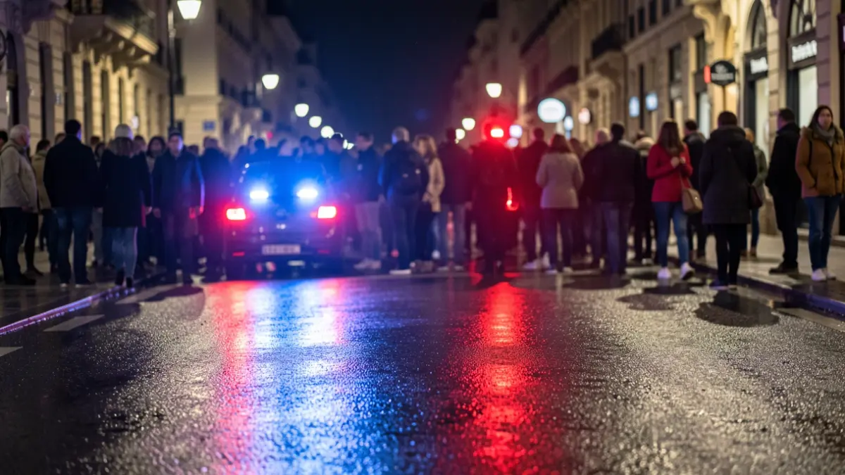 Generic image of police emergency lights reflecting on wet asphalt.
