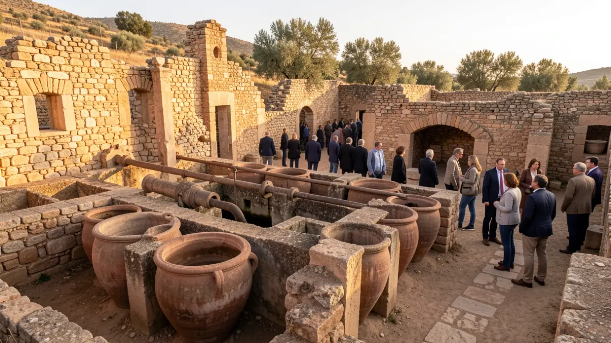 Ruinas de una antigua almazara romana en Jaén, con muros de piedra y tinajas interconectadas bajo la luz del sol.