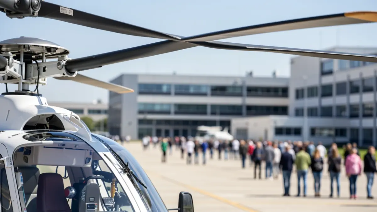 Close-up of a medical helicopter's rotor blade with a blurred background of a hospital helipad.
