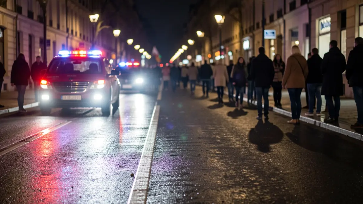 Imagen genérica de luces de emergencia reflejando en asfalto mojado.