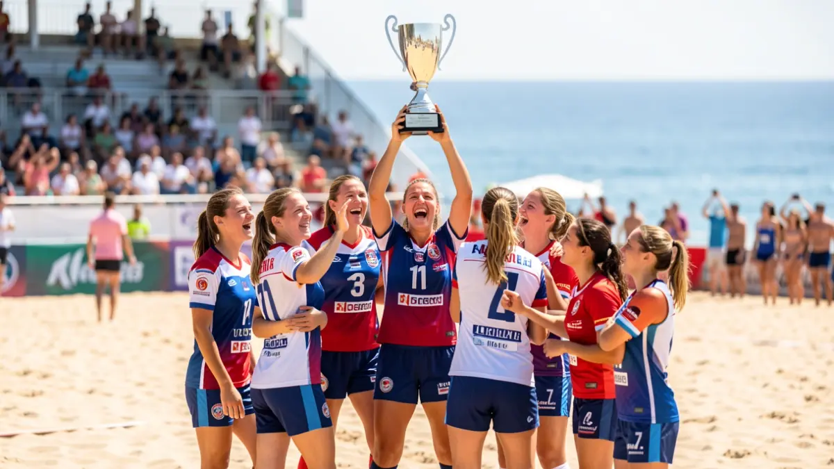 Women's beach soccer team celebrating the Federation Cup victory.