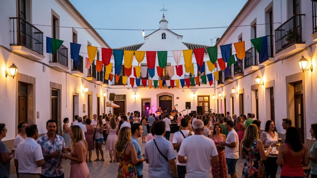 Imagen genérica de una plaza de pueblo andaluz durante un festival de verano al atardecer.
