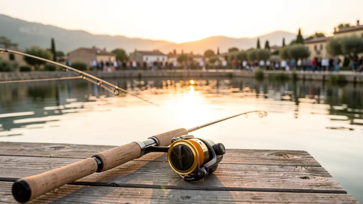 Generic image of a fishing rod by a reservoir at dawn.