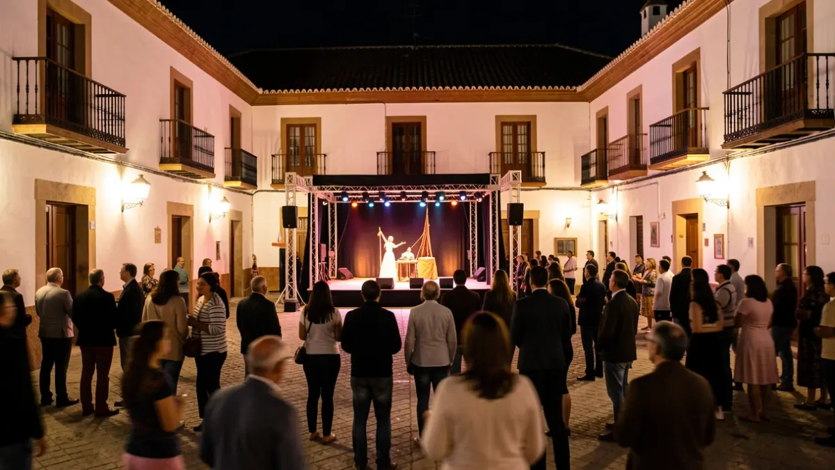 Escena nocturna de una plaza andaluza con un escenario preparado para una obra de teatro popular, luces cálidas y público difuminado.