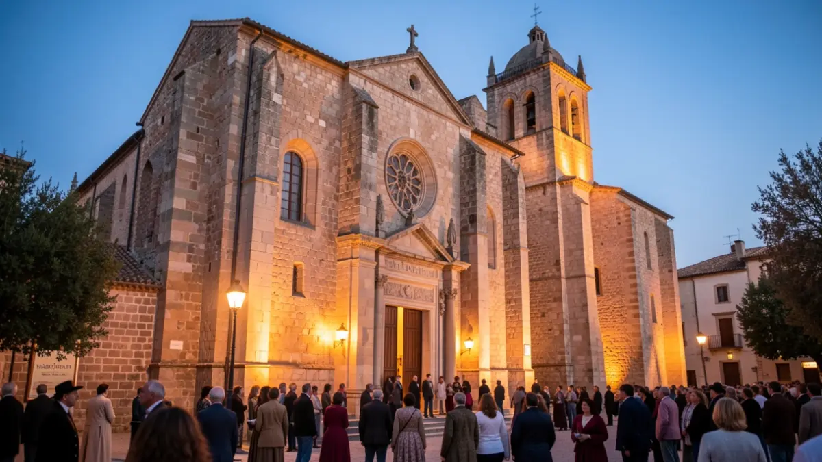 Facade of the 'Catedral de la Sierra' in Hinojosa del Duque during the performance of 'La Vaquera de la Finojosa'.