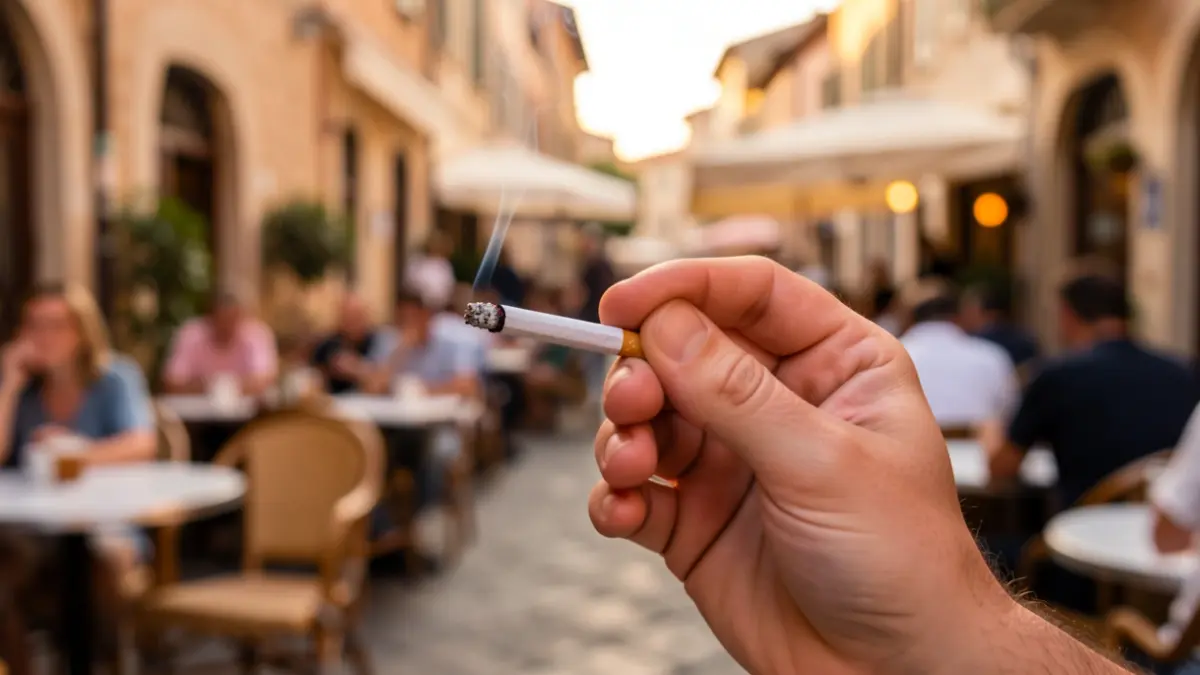 Primer plano de una mano sosteniendo un cigarrillo encendido en una terraza de bar al aire libre.