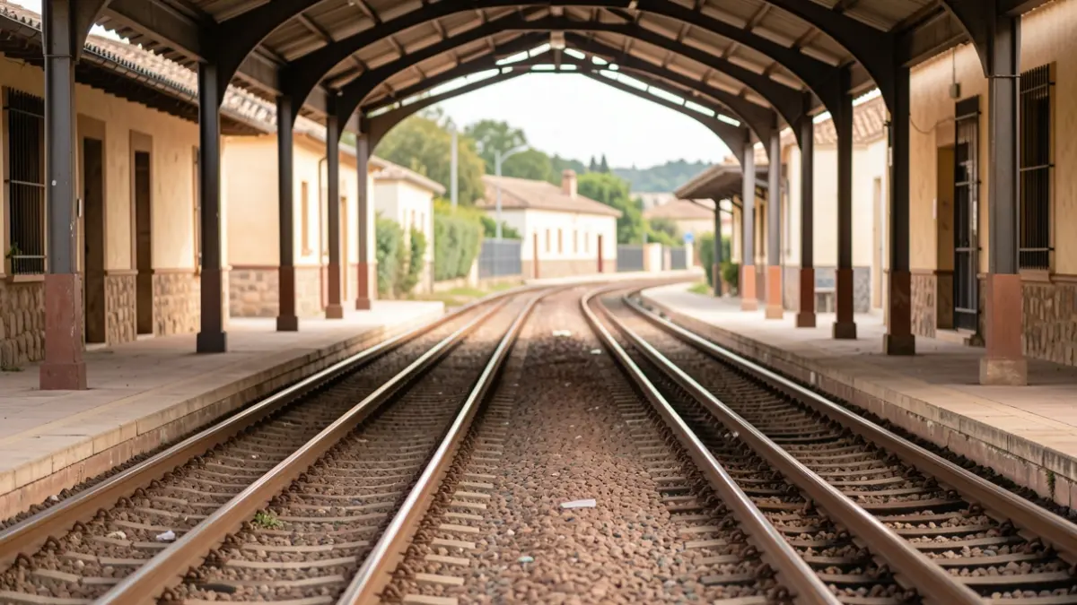 Generic image of an empty train platform in Andalusia with Mediterranean architecture.