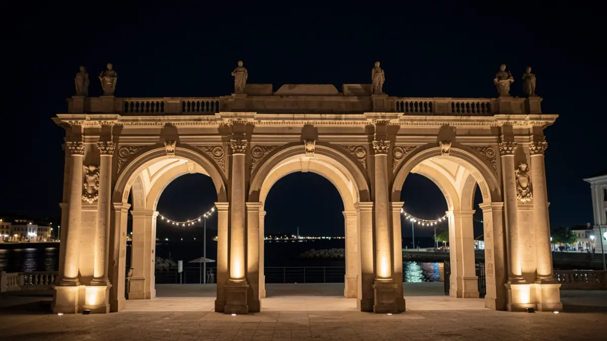 Cover of Huelva's Colombinas Festival recreating historical arches illuminated at night.