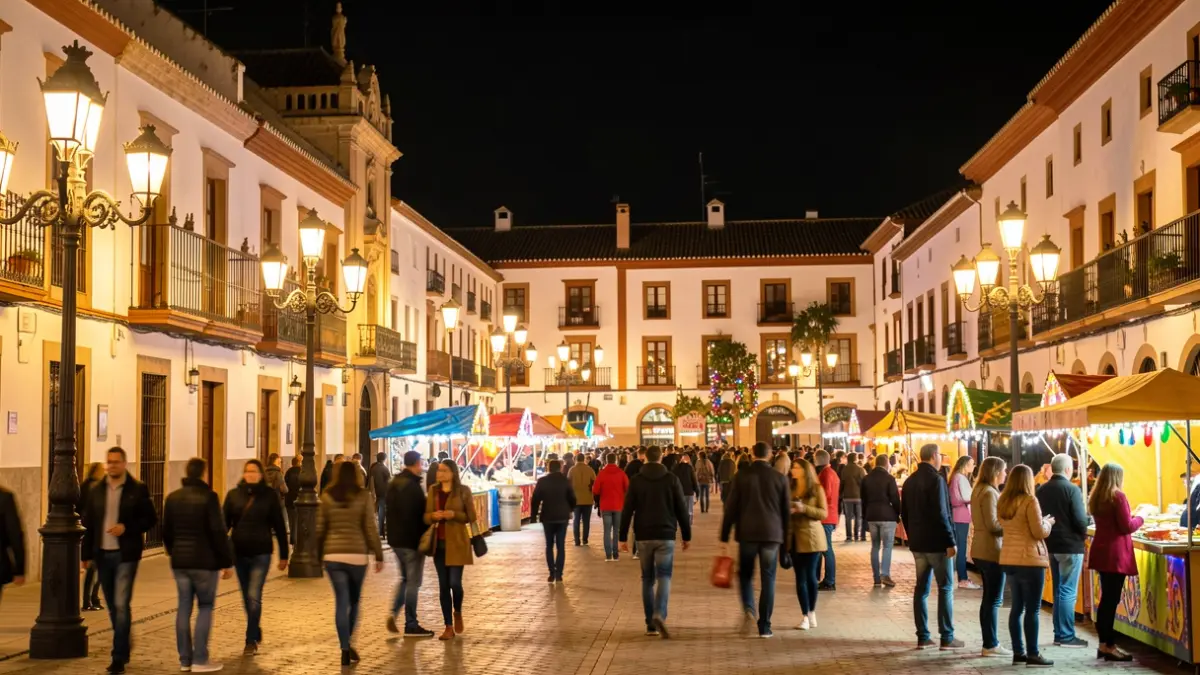 Generic image of an Andalusian town square at night, illuminated by streetlights and festival lights.
