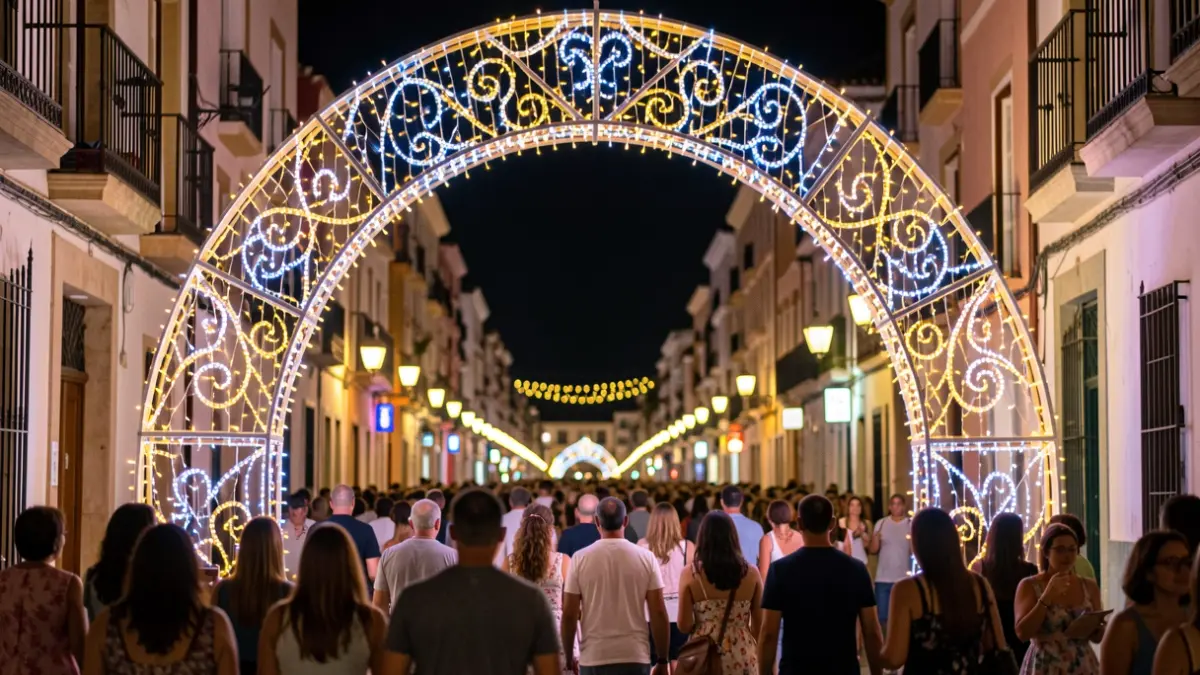 Arco monumental iluminado de las Fiestas Colombinas en Huelva.