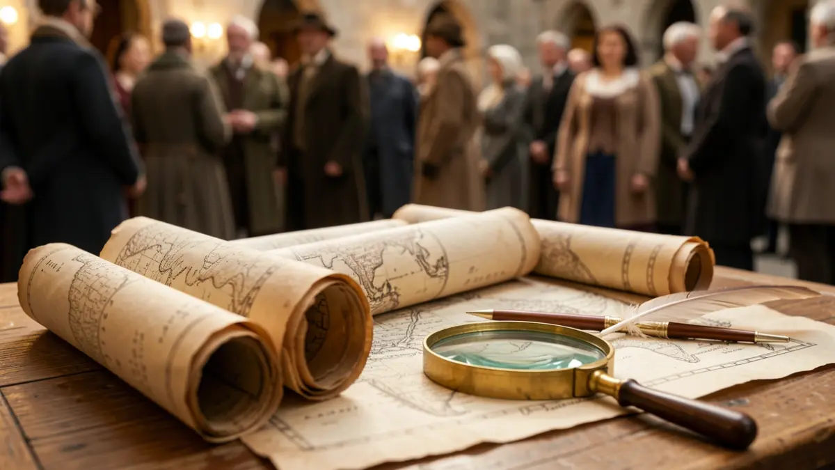 Close-up of old, rolled-up historical maps and documents on a wooden table, with a magnifying glass and a quill pen.