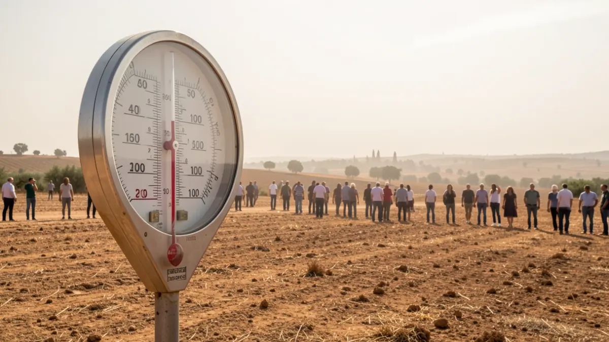 Generic image of a thermometer showing high temperature in an Andalusian landscape.