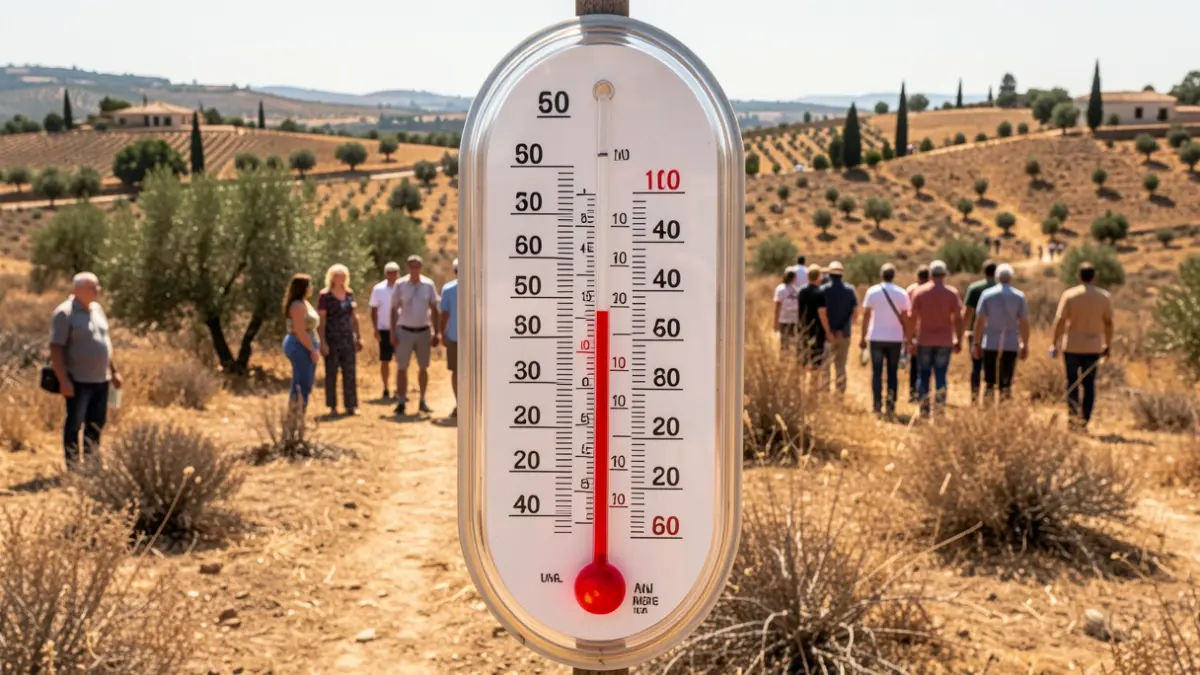 Termómetro marcando temperaturas extremas en un paisaje andaluz seco y soleado.