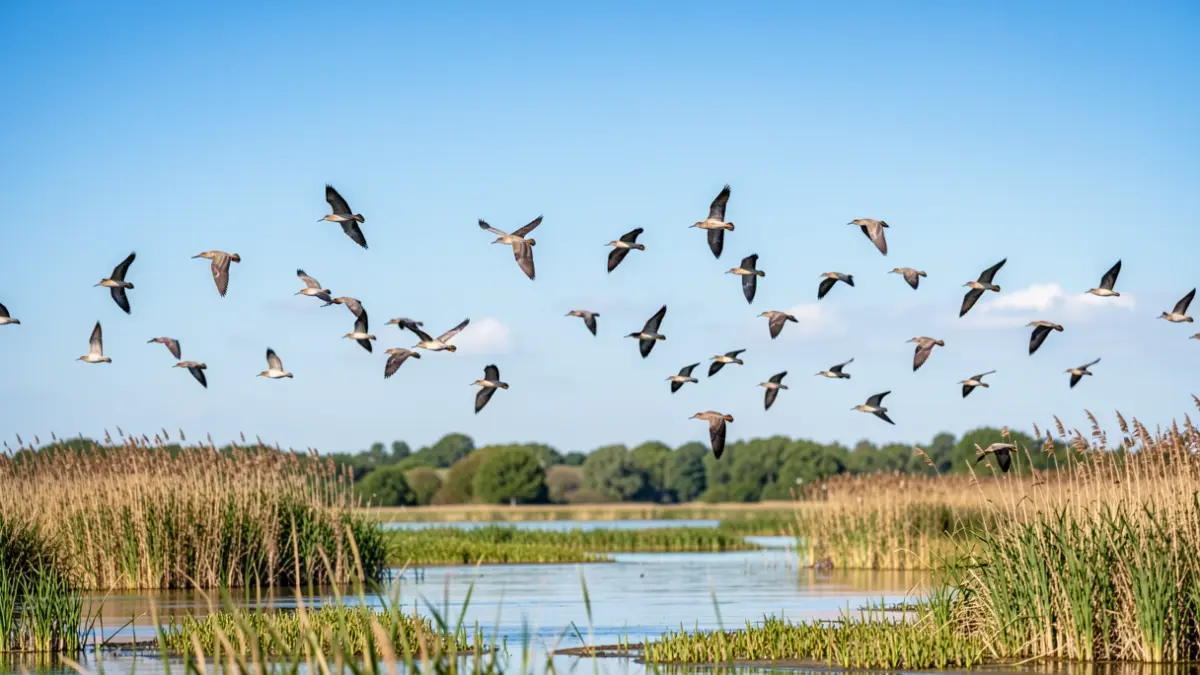 Generic image of birds flying over a wetland.