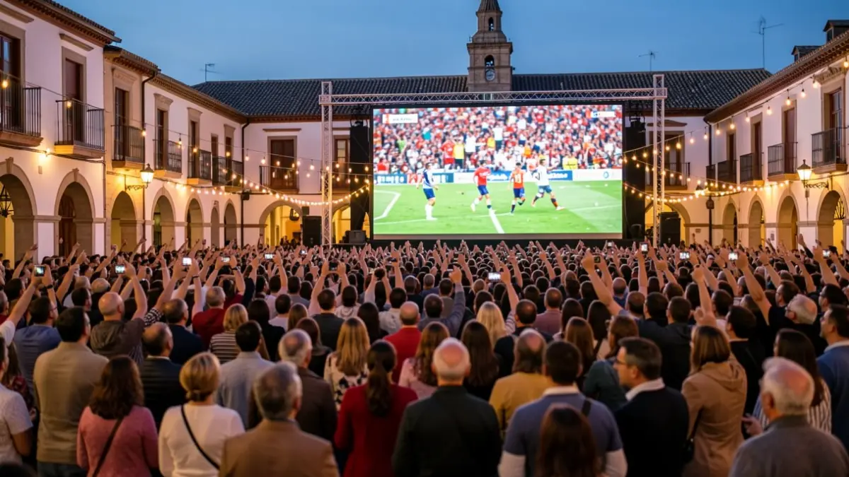 Aficionados reunidos en una plaza de Andalucía para ver la final del Mundial en una pantalla gigante.