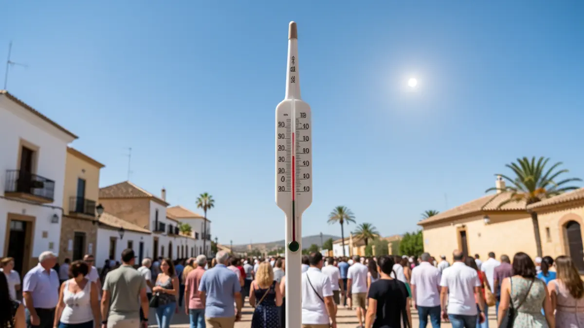 Termómetro mostrando alta temperatura en un día soleado en Andalucía.