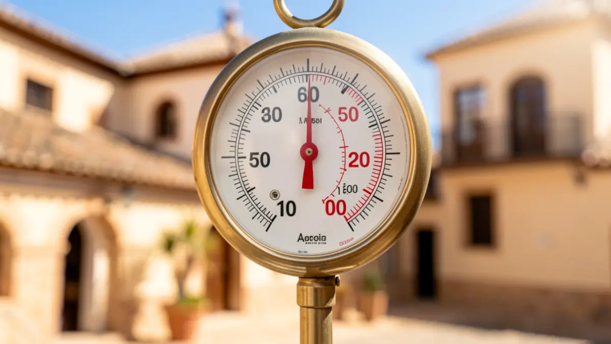 Termómetro marcando alta temperatura con arquitectura andaluza de fondo.
