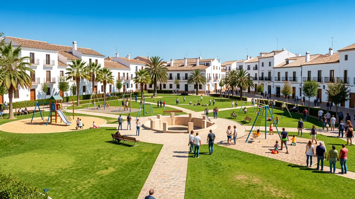 Generic image of a modern multifunctional park with green spaces, sports areas, and a central plaza.
