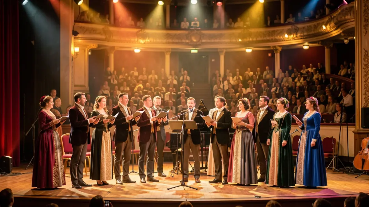 Imagen genérica de un coro rociero actuando en un teatro.