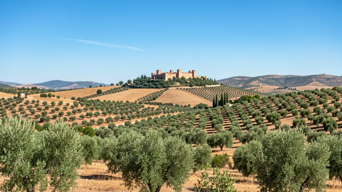 Landscape of the Valle del Guadiato in Cordoba, featuring hills, olive groves, and a historic castle.