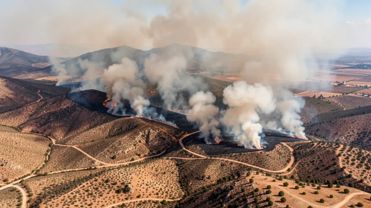 Aerial view of a large forest fire in a mountainous, arid region of Andalusia, with smoke rising into the sky.