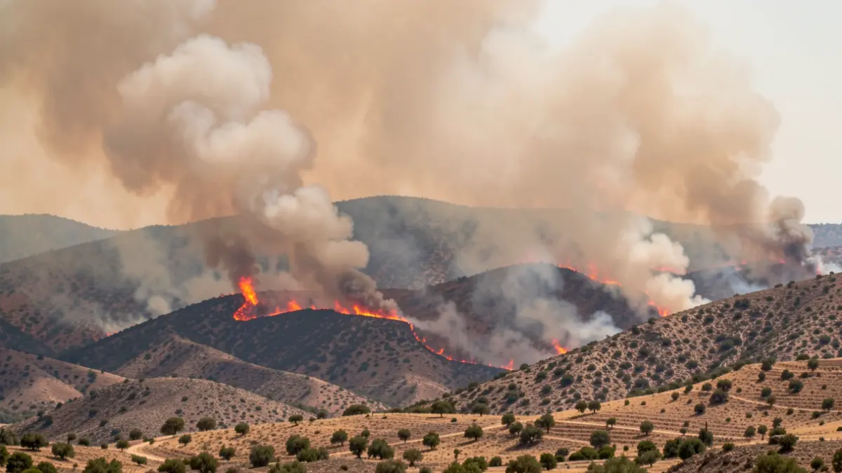 Image of a large active wildfire in a mountainous area of Almería, with visible smoke plumes.