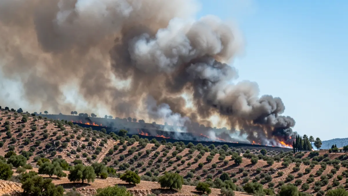 Generic image of a large wildfire in Andalusia with dense smoke.