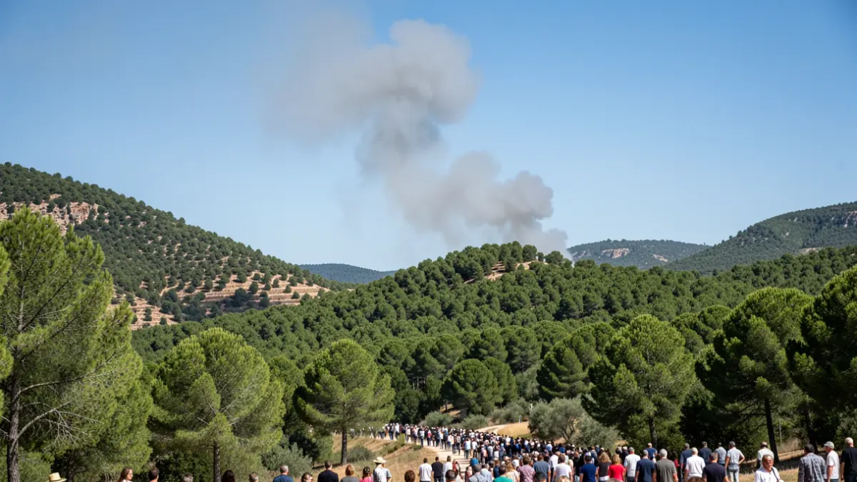 Imagen genérica de una columna de humo sobre una ladera de bosque de pinos en Andalucía.
