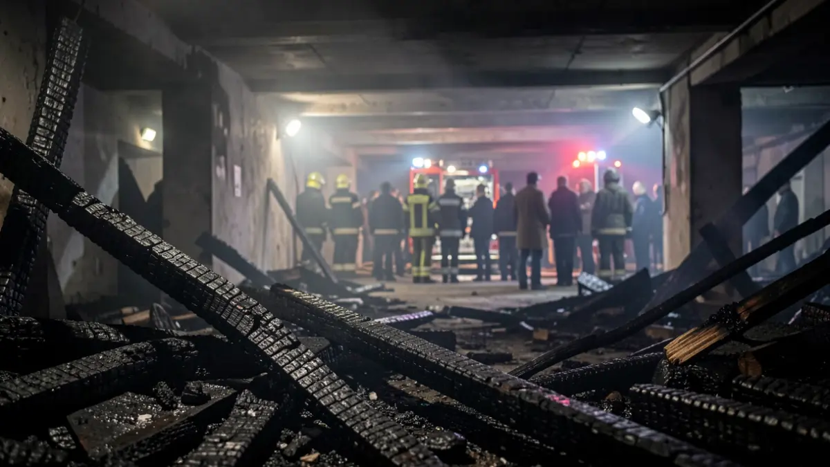 Imagen de un sótano ennegrecido por el humo y las llamas, con restos calcinados y luces de emergencia.