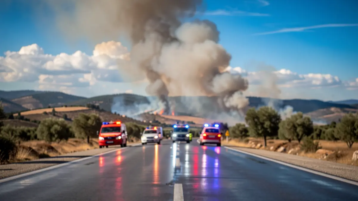 Generic image of a wildfire with emergency lights.