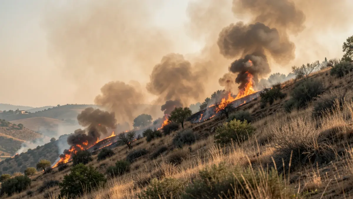 Image of an active forest fire on a hillside with dense smoke.