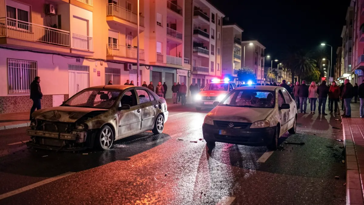 Image of two burnt-out cars and a third damaged by a fire in Huelva.