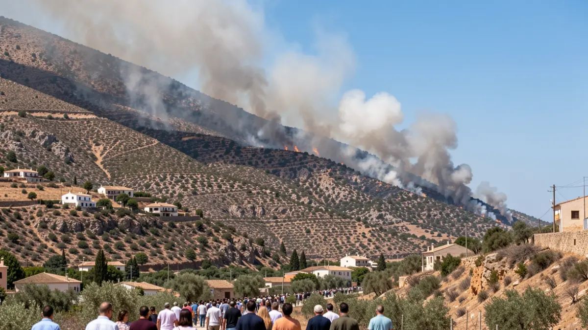 Generic image of a forest fire in a mountainous area of Andalusia with scattered houses.