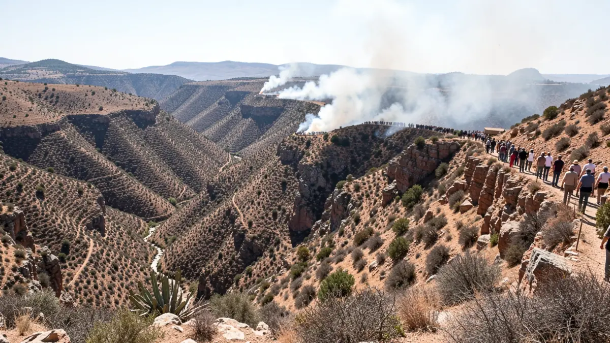 Paisaje montañoso escarpado en Andalucía con humo de un incendio forestal.