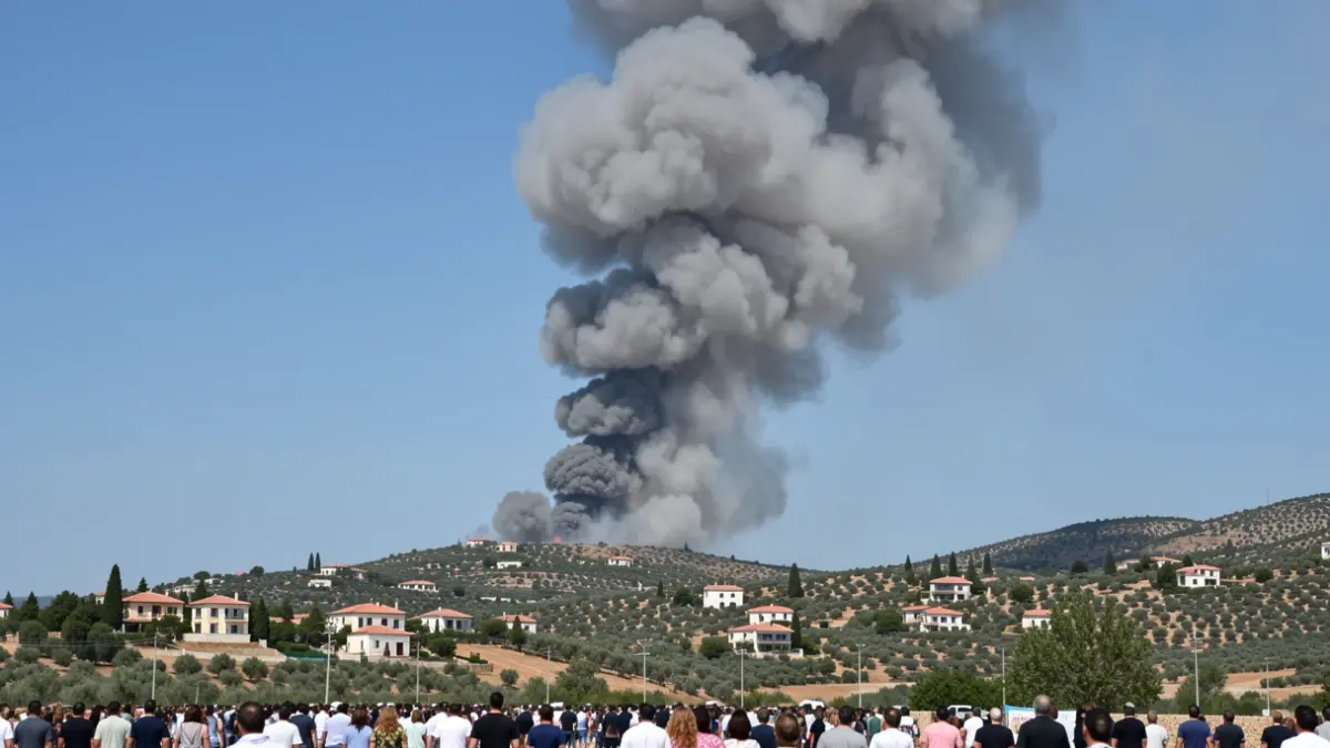 Imagen genérica de una columna de humo de un incendio forestal sobre una ladera con casas.