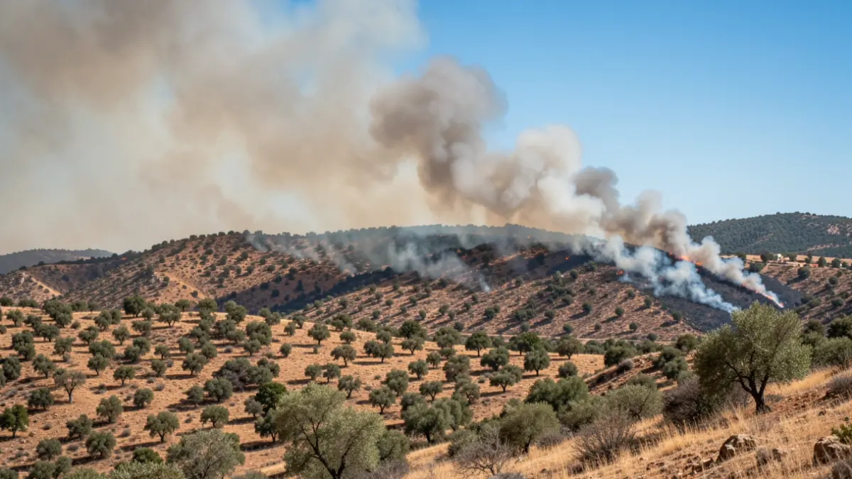 Imagen genérica de una columna de humo de un incendio forestal en una zona de colinas.
