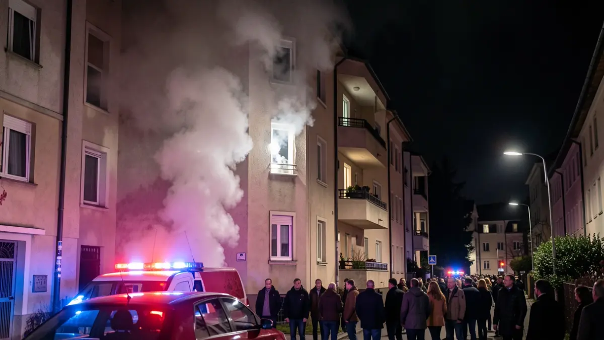 Generic image of a house fire with smoke coming from a window and emergency lights.