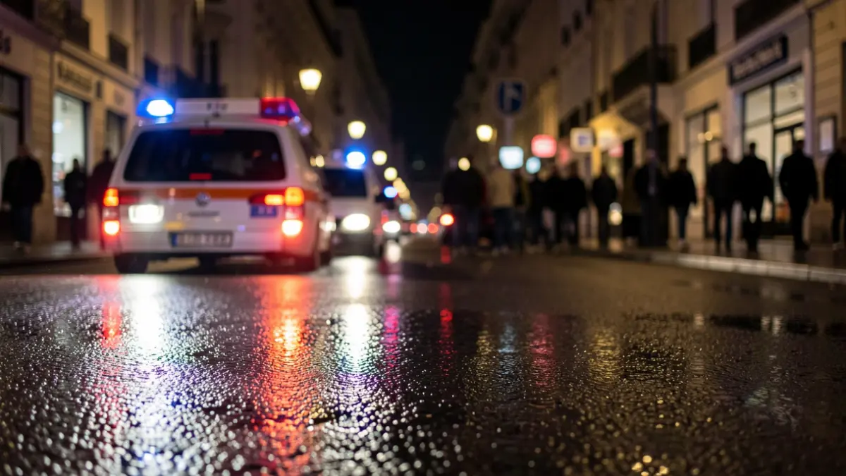 Generic image of emergency lights reflecting on asphalt at night.