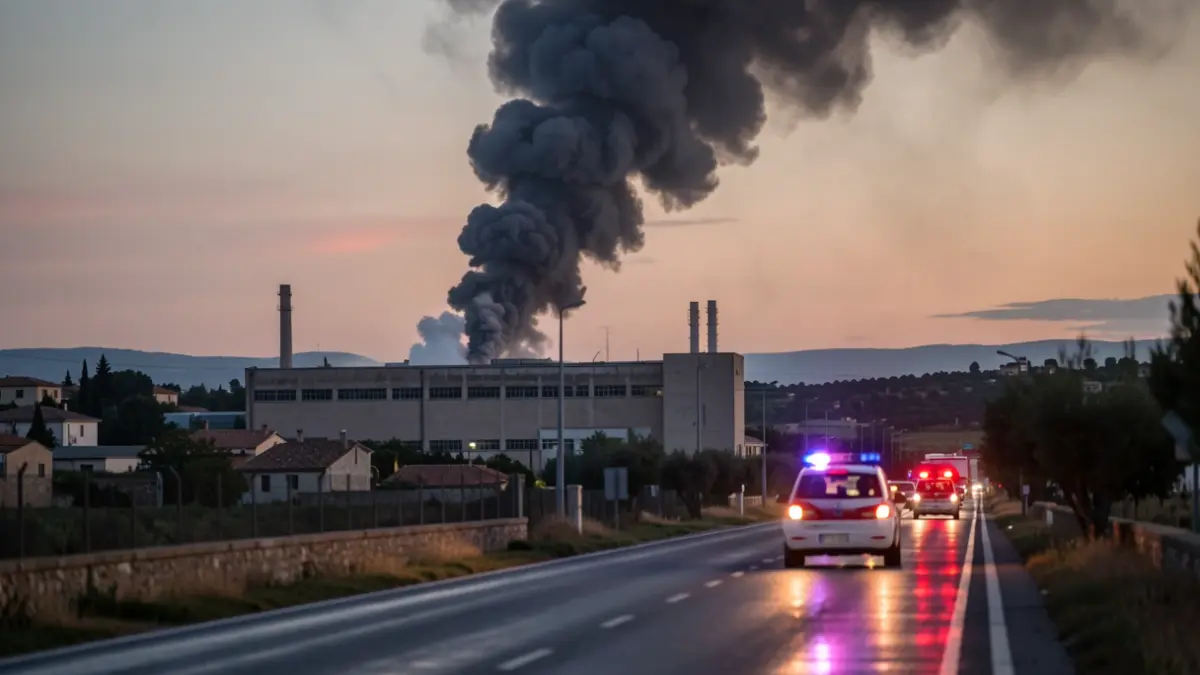 Imagen de una densa columna de humo negro elevándose desde una nave industrial al anochecer, con luces de emergencia reflejándose en el asfalto mojado.