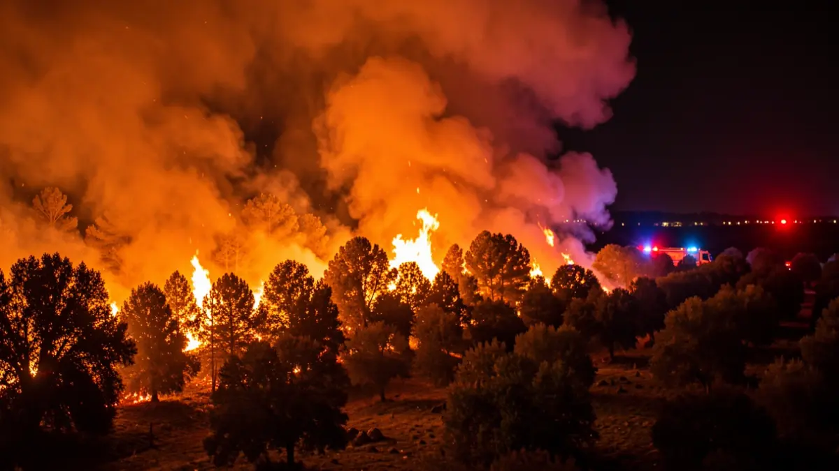 Image of a large forest fire in Andalusia at night, with intense flames and thick smoke.