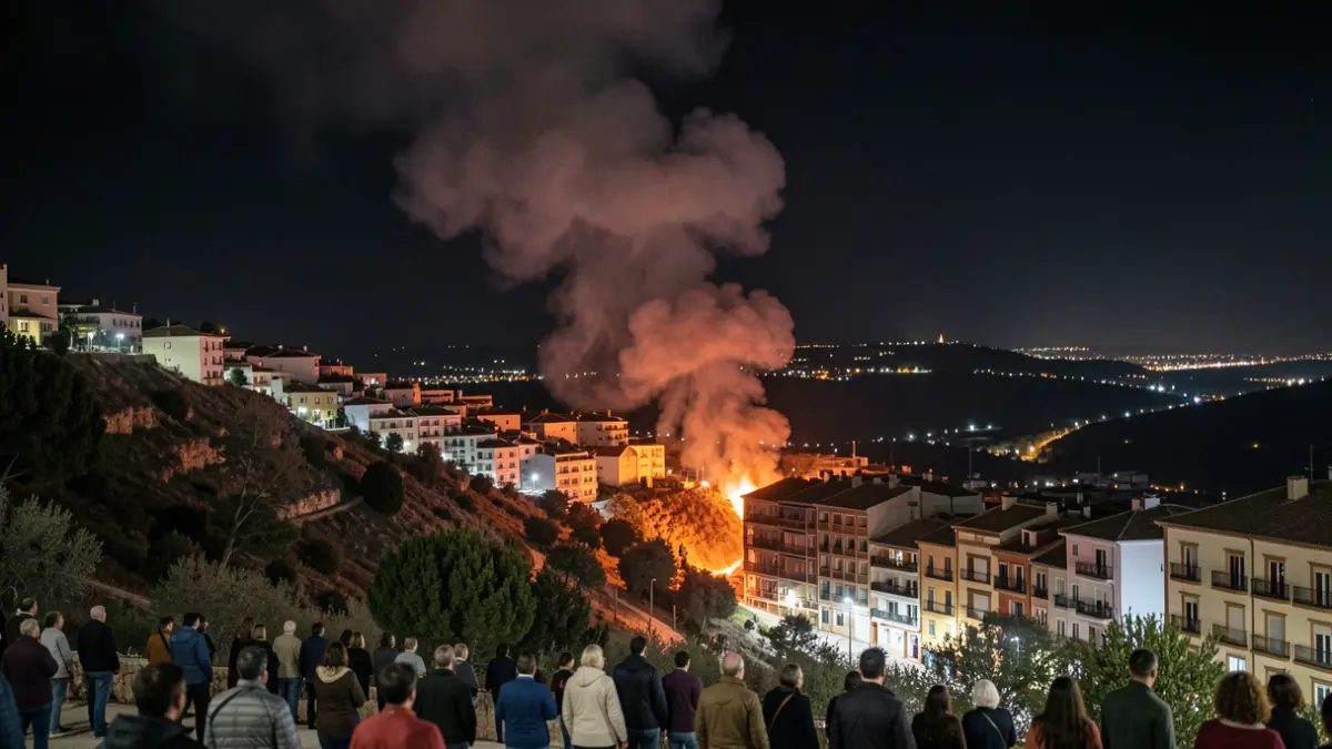 Image of a nighttime fire on a Granada hillside, with smoke and flames near residential buildings.