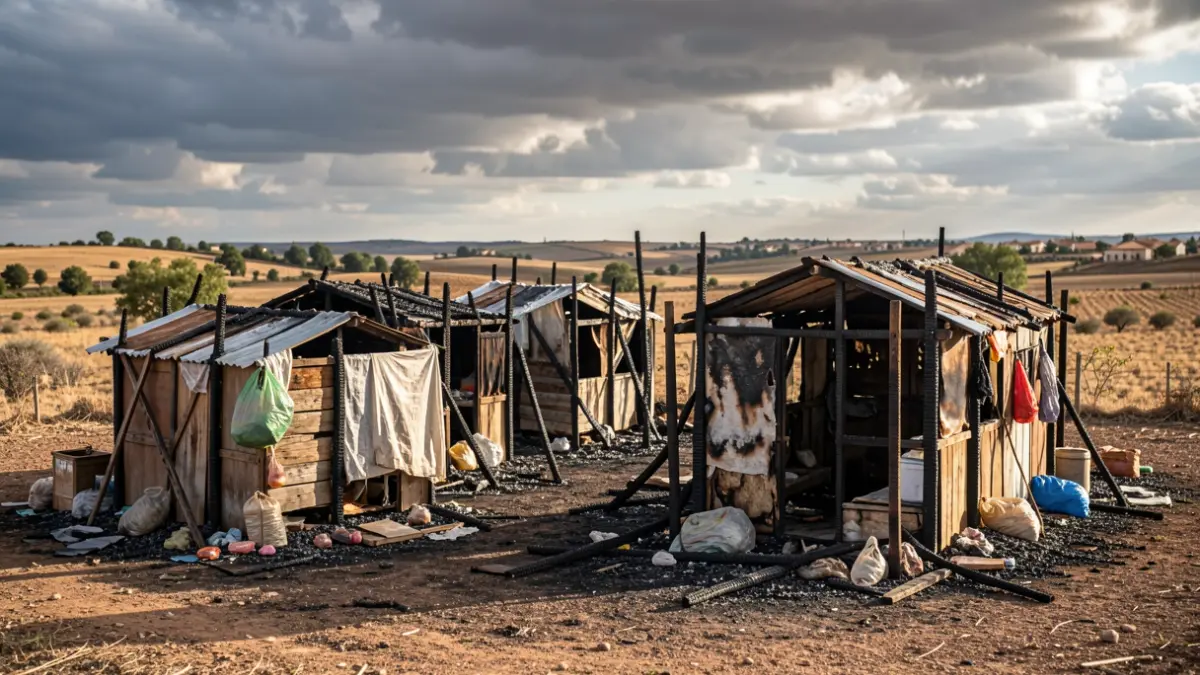 Image of burnt shacks in a rural settlement in Andalusia.