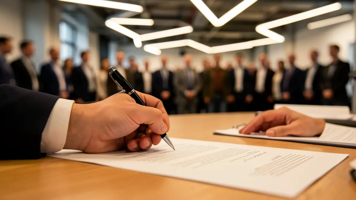 Generic image of a document signing in a business environment.