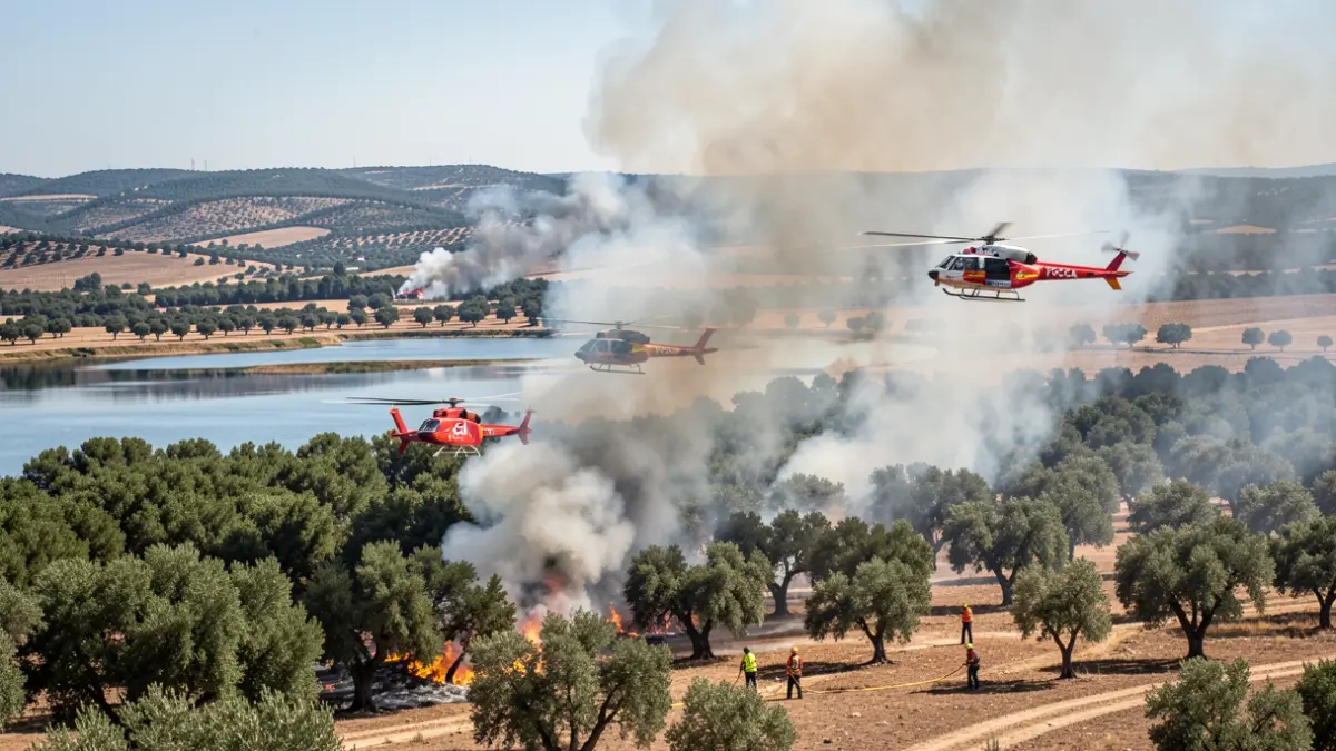 Image of a forest fire in Belmez, Córdoba, with Infoca resources working.