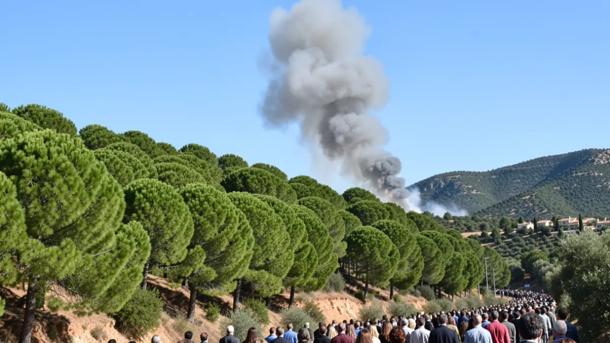 Imagen genérica de una columna de humo sobre una ladera de bosque de pinos en Andalucía.