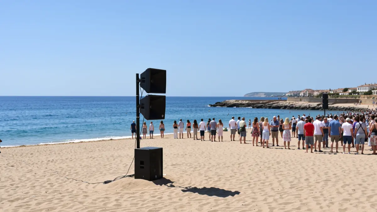 Instalación de altavoces en una playa de Cádiz.