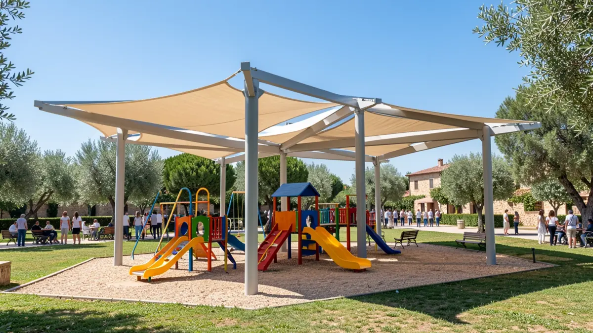 Shade structures installed in a children's playground in the province of Almeria.