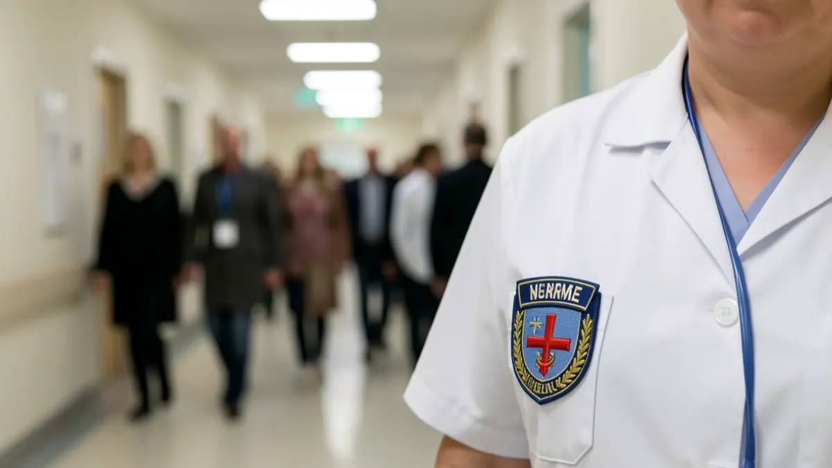 Primer plano de un uniforme de auxiliar de enfermería con detalles del hospital al fondo.