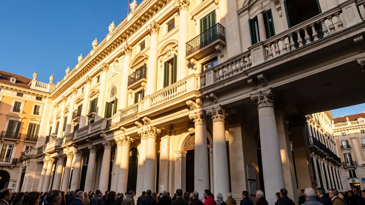 Facade of an Andalusian institutional building in intense sunlight.